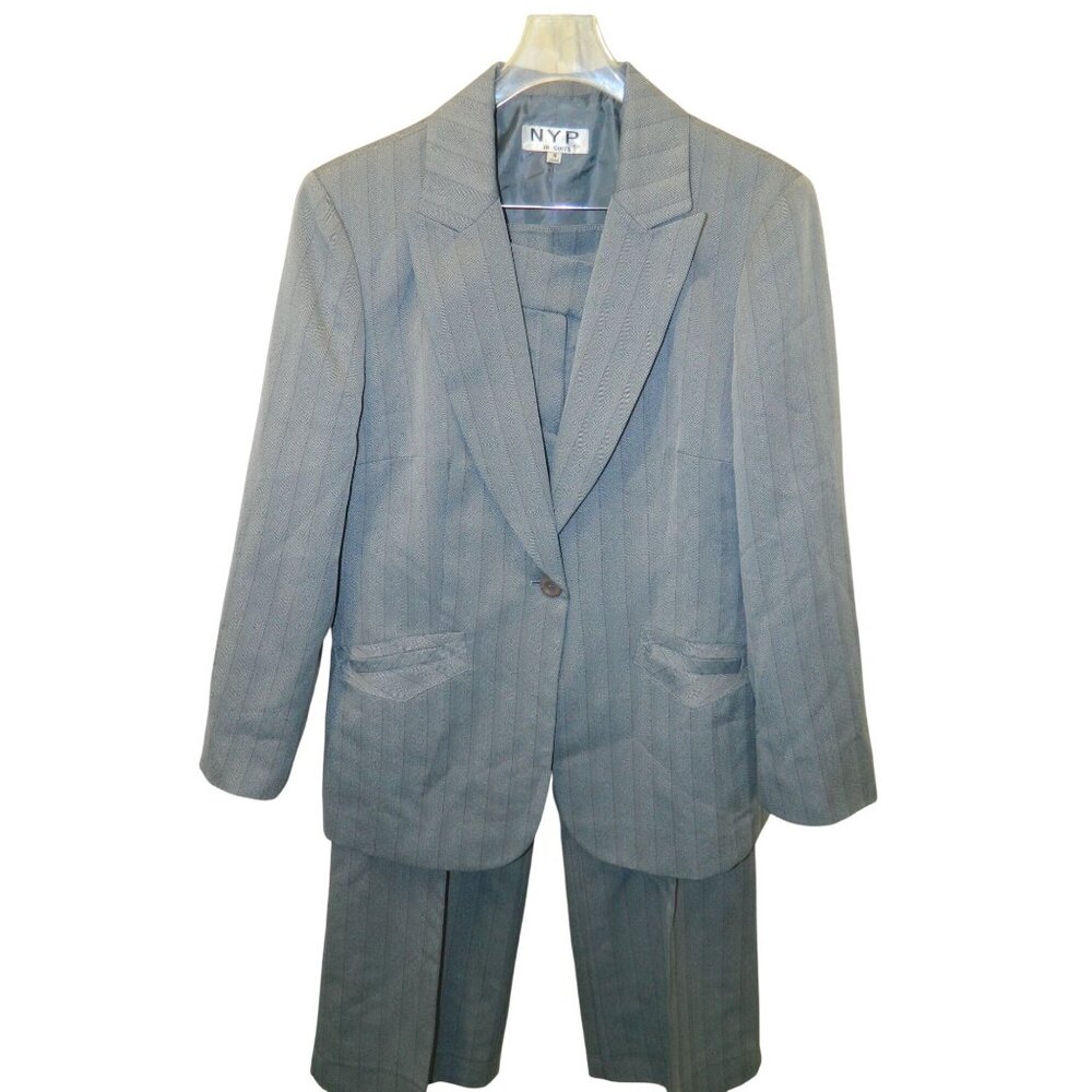 Womens Pinstripe Gray 2 Piece Suit By NYP Size 14 Buttoned Jacket Matching Pants